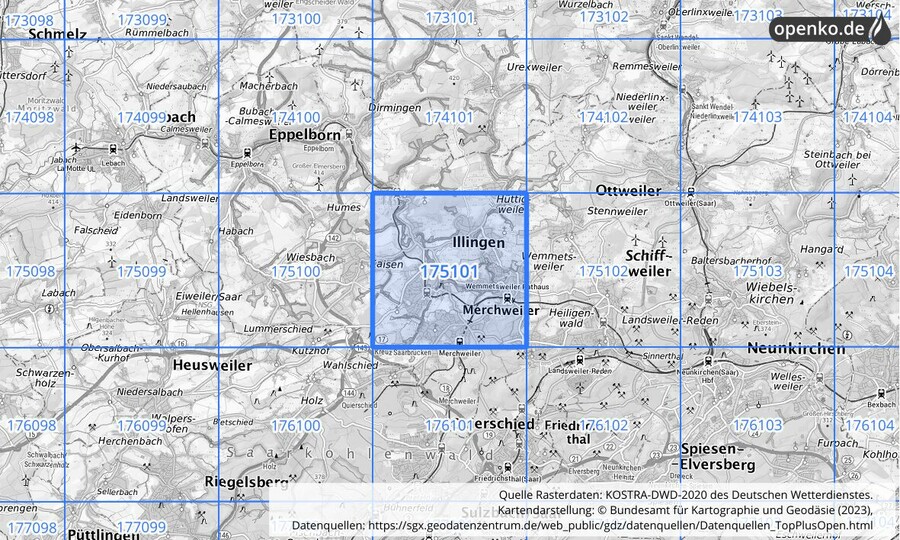 Übersichtskarte des KOSTRA-DWD-2020-Rasterfeldes Nr. 175101