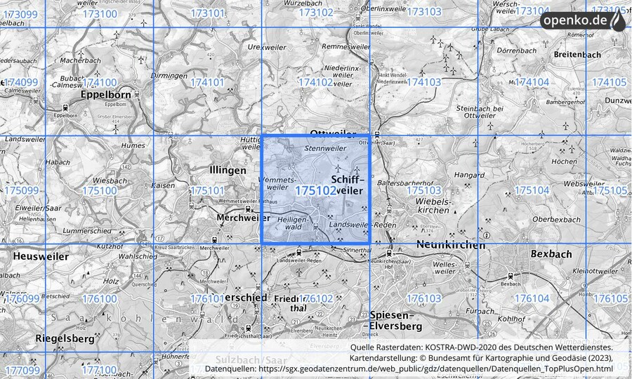 Übersichtskarte des KOSTRA-DWD-2020-Rasterfeldes Nr. 175102