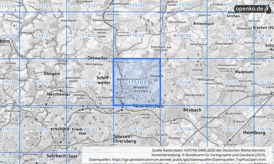 Übersichtskarte des KOSTRA-DWD-2020-Rasterfeldes Nr. 175103