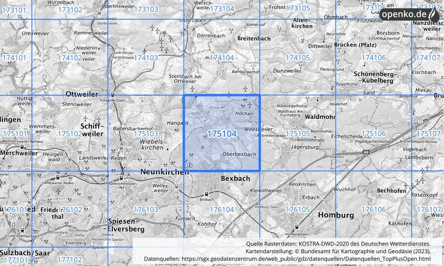 Übersichtskarte des KOSTRA-DWD-2020-Rasterfeldes Nr. 175104