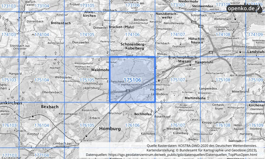 Übersichtskarte des KOSTRA-DWD-2020-Rasterfeldes Nr. 175106