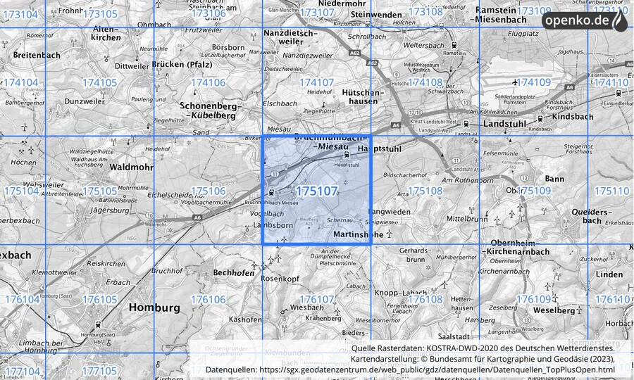 Übersichtskarte des KOSTRA-DWD-2020-Rasterfeldes Nr. 175107