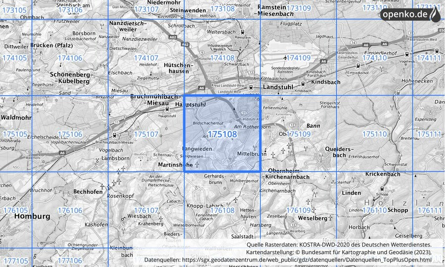 Übersichtskarte des KOSTRA-DWD-2020-Rasterfeldes Nr. 175108