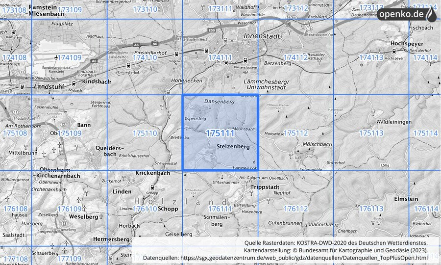 Übersichtskarte des KOSTRA-DWD-2020-Rasterfeldes Nr. 175111