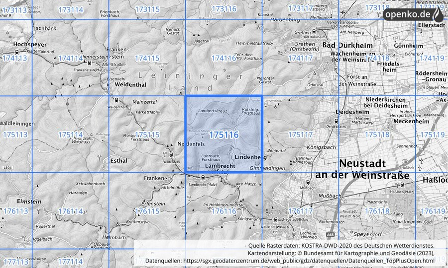 Übersichtskarte des KOSTRA-DWD-2020-Rasterfeldes Nr. 175116