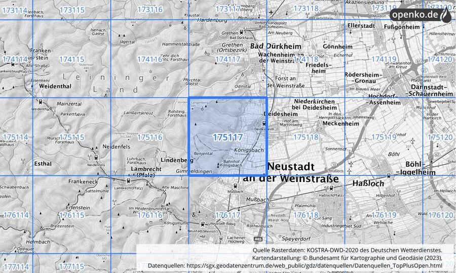 Übersichtskarte des KOSTRA-DWD-2020-Rasterfeldes Nr. 175117