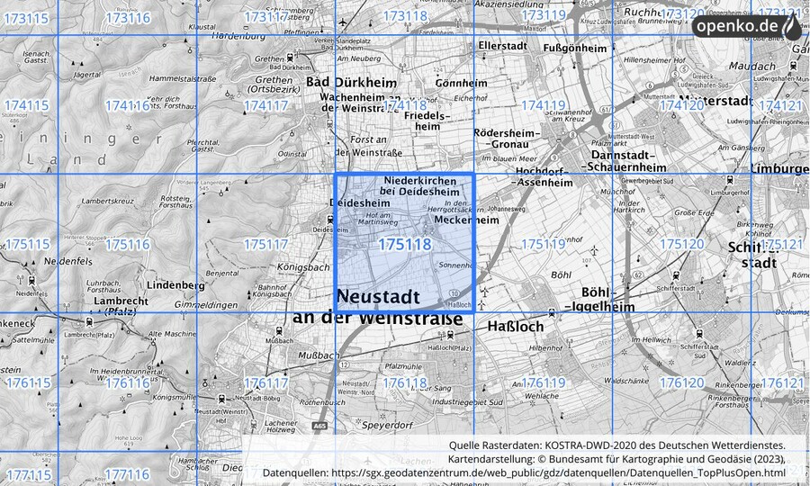 Übersichtskarte des KOSTRA-DWD-2020-Rasterfeldes Nr. 175118