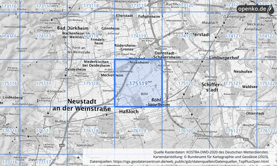 Übersichtskarte des KOSTRA-DWD-2020-Rasterfeldes Nr. 175119