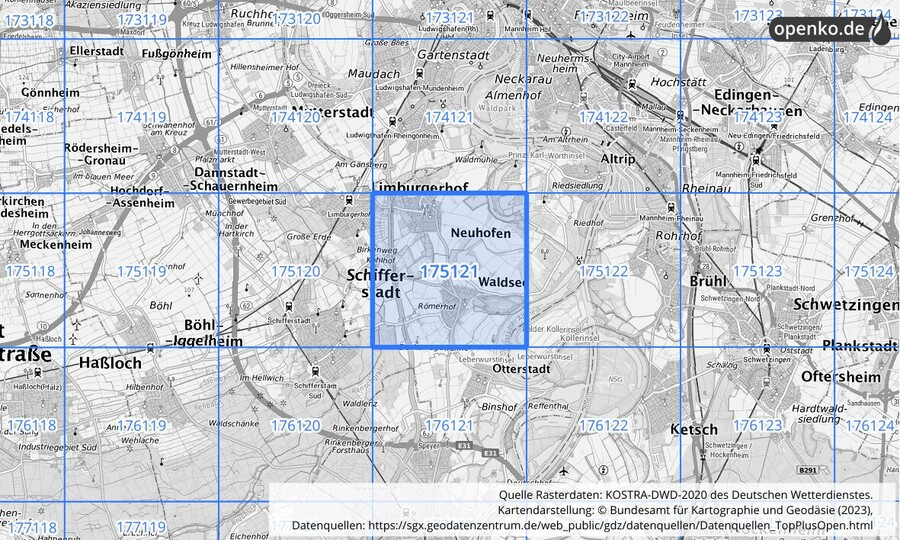 Übersichtskarte des KOSTRA-DWD-2020-Rasterfeldes Nr. 175121