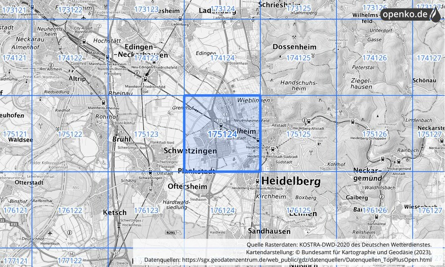 Übersichtskarte des KOSTRA-DWD-2020-Rasterfeldes Nr. 175124