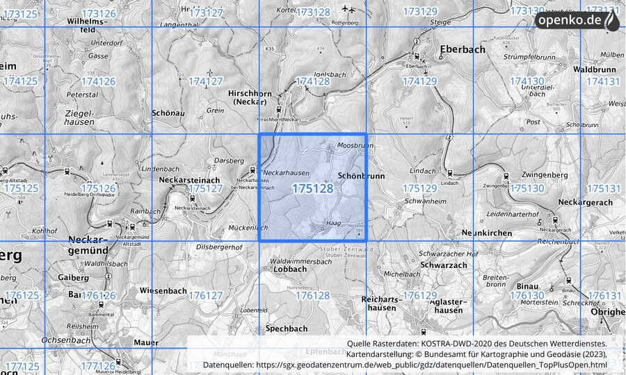 Übersichtskarte des KOSTRA-DWD-2020-Rasterfeldes Nr. 175128