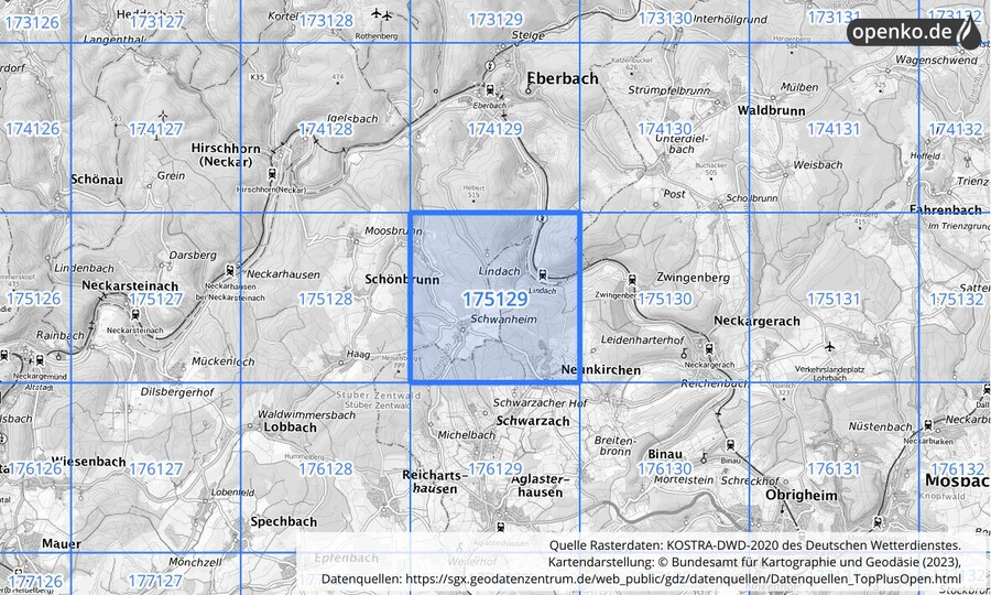 Übersichtskarte des KOSTRA-DWD-2020-Rasterfeldes Nr. 175129
