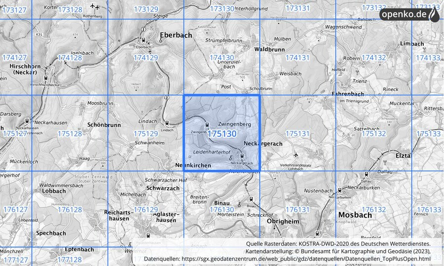 Übersichtskarte des KOSTRA-DWD-2020-Rasterfeldes Nr. 175130