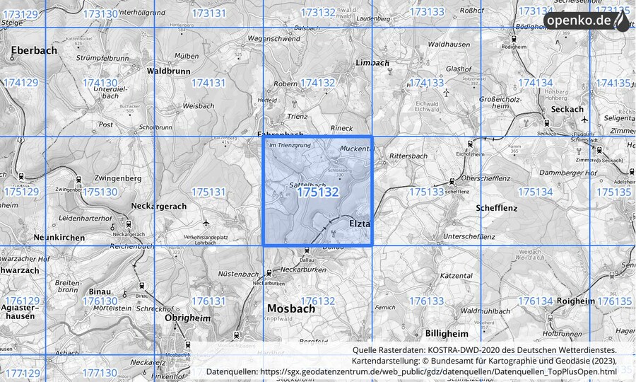 Übersichtskarte des KOSTRA-DWD-2020-Rasterfeldes Nr. 175132