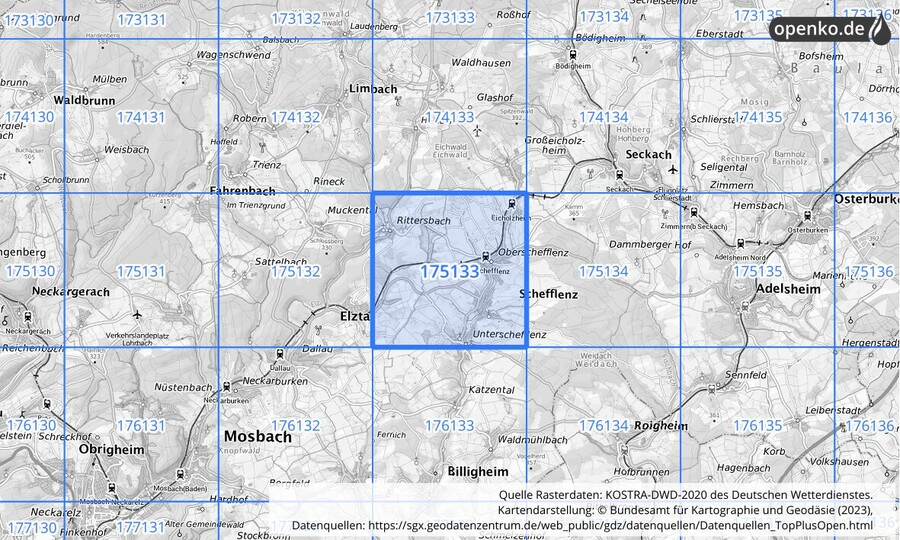 Übersichtskarte des KOSTRA-DWD-2020-Rasterfeldes Nr. 175133