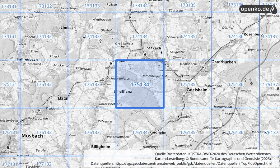 Übersichtskarte des KOSTRA-DWD-2020-Rasterfeldes Nr. 175134