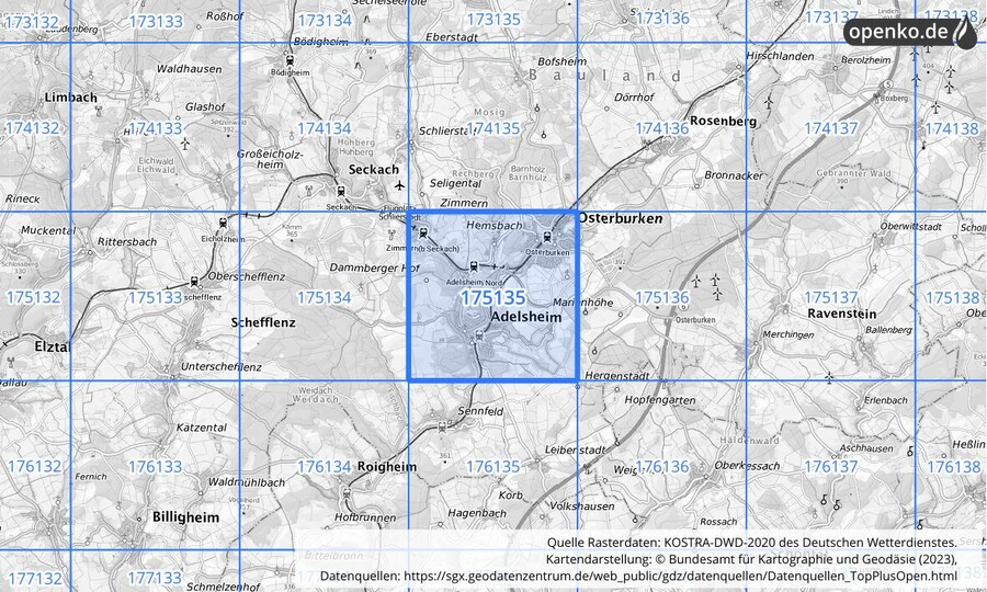 Übersichtskarte des KOSTRA-DWD-2020-Rasterfeldes Nr. 175135