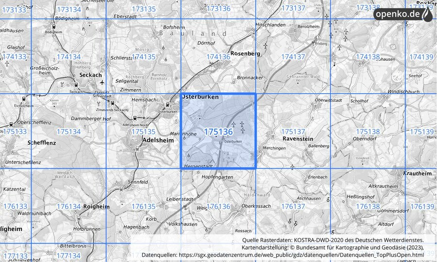Übersichtskarte des KOSTRA-DWD-2020-Rasterfeldes Nr. 175136