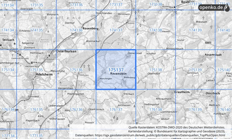 Übersichtskarte des KOSTRA-DWD-2020-Rasterfeldes Nr. 175137