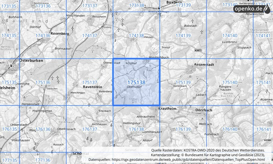 Übersichtskarte des KOSTRA-DWD-2020-Rasterfeldes Nr. 175138