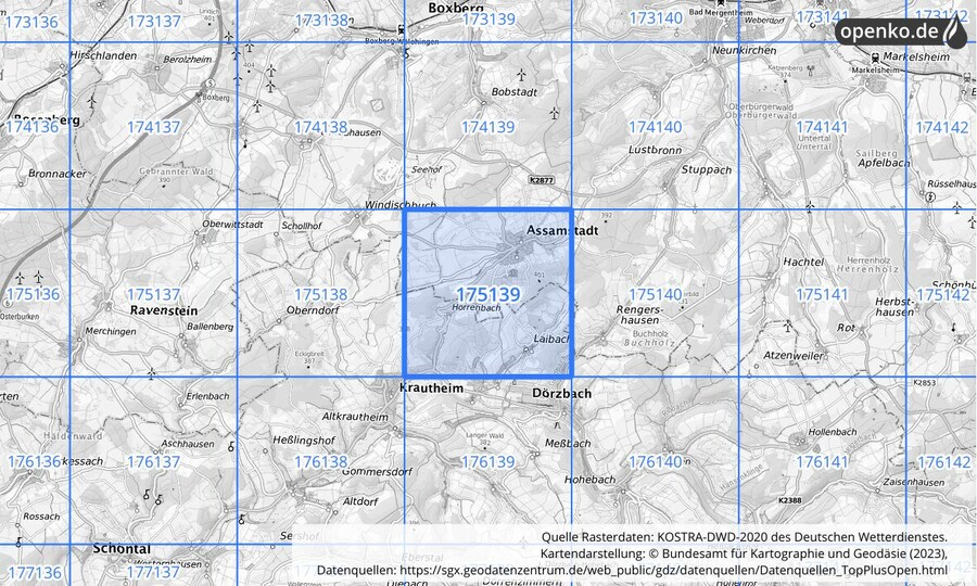 Übersichtskarte des KOSTRA-DWD-2020-Rasterfeldes Nr. 175139