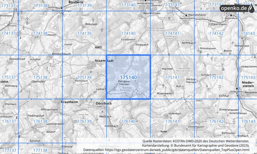 Übersichtskarte des KOSTRA-DWD-2020-Rasterfeldes Nr. 175140