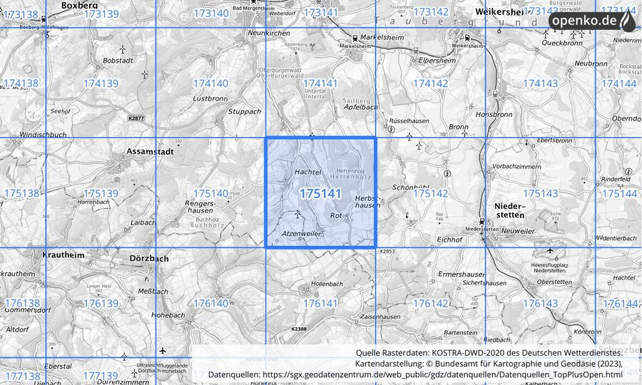 Übersichtskarte des KOSTRA-DWD-2020-Rasterfeldes Nr. 175141
