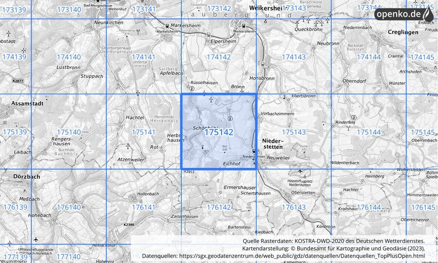 Übersichtskarte des KOSTRA-DWD-2020-Rasterfeldes Nr. 175142
