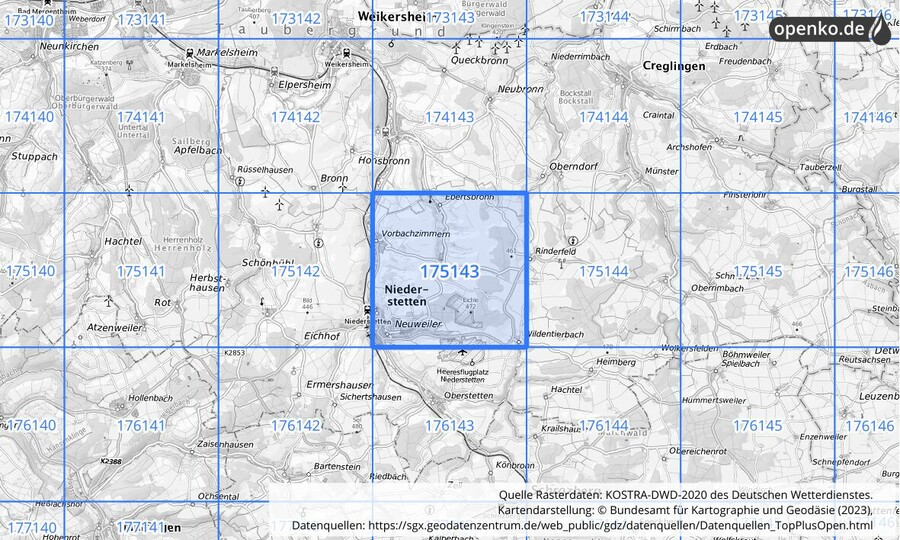 Übersichtskarte des KOSTRA-DWD-2020-Rasterfeldes Nr. 175143