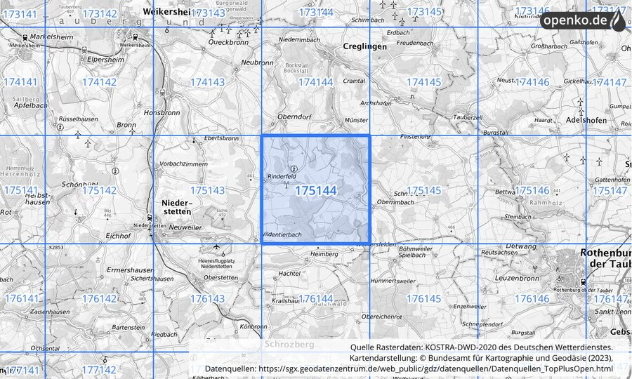 Übersichtskarte des KOSTRA-DWD-2020-Rasterfeldes Nr. 175144