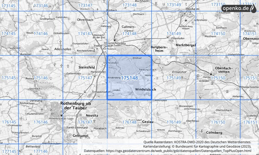 Übersichtskarte des KOSTRA-DWD-2020-Rasterfeldes Nr. 175148