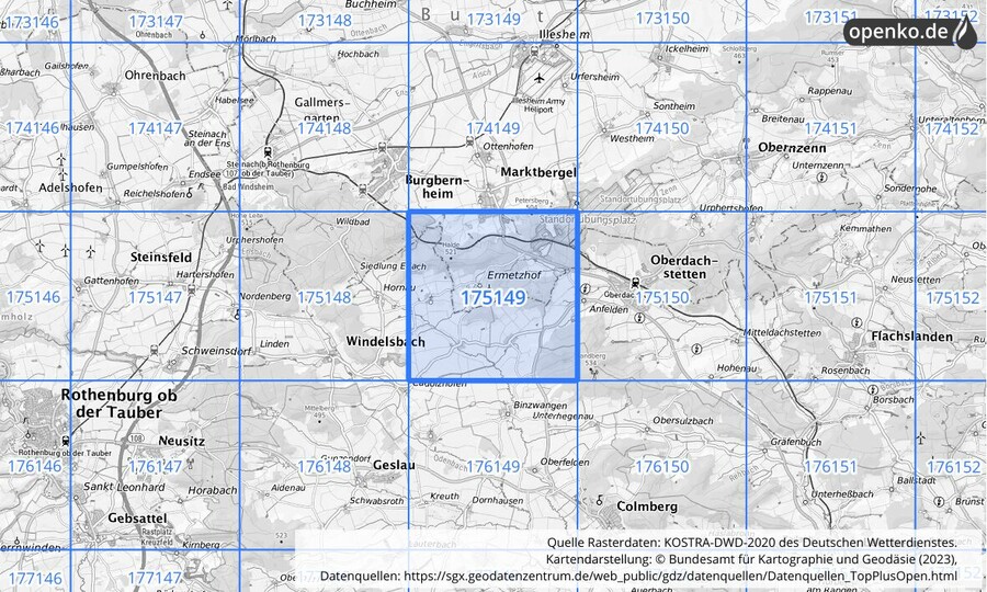 Übersichtskarte des KOSTRA-DWD-2020-Rasterfeldes Nr. 175149
