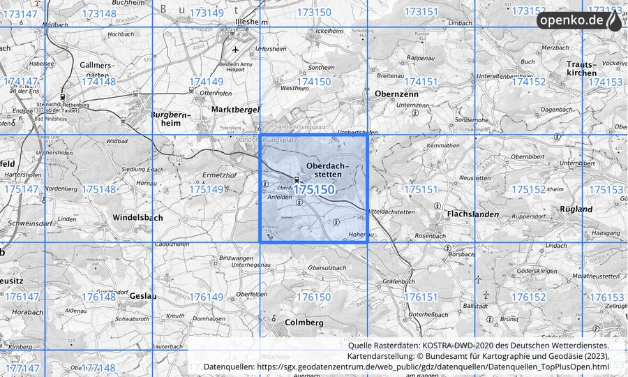 Übersichtskarte des KOSTRA-DWD-2020-Rasterfeldes Nr. 175150