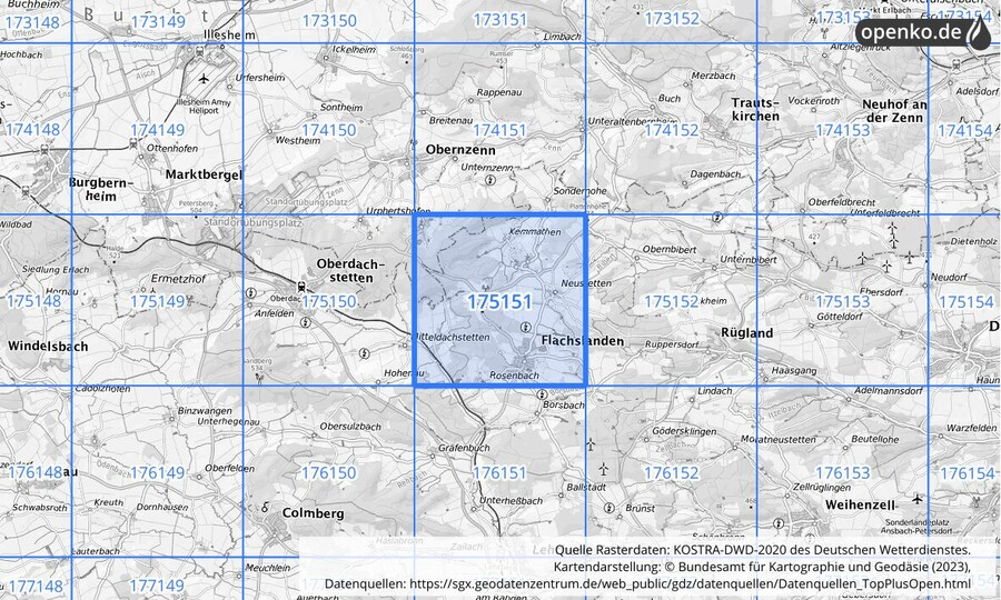 Übersichtskarte des KOSTRA-DWD-2020-Rasterfeldes Nr. 175151