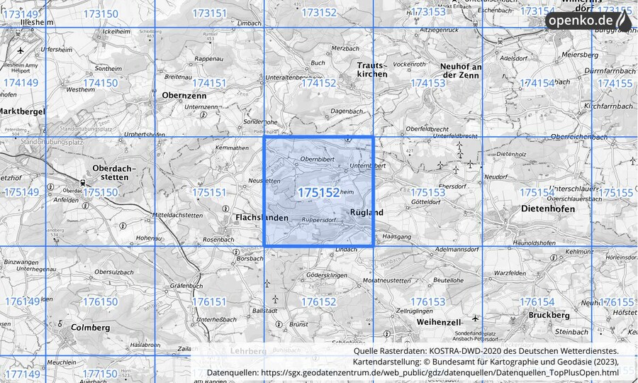Übersichtskarte des KOSTRA-DWD-2020-Rasterfeldes Nr. 175152