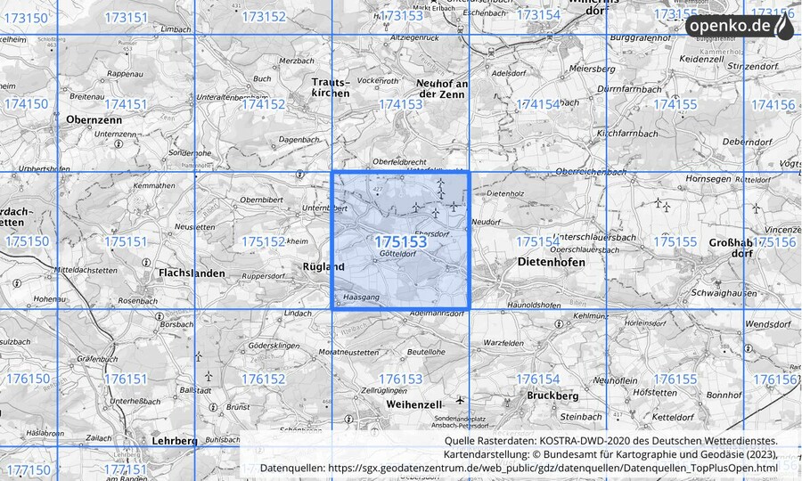 Übersichtskarte des KOSTRA-DWD-2020-Rasterfeldes Nr. 175153