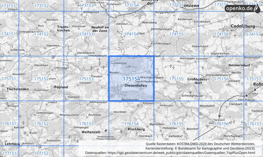 Übersichtskarte des KOSTRA-DWD-2020-Rasterfeldes Nr. 175154