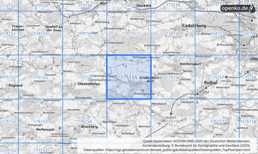 Übersichtskarte des KOSTRA-DWD-2020-Rasterfeldes Nr. 175155