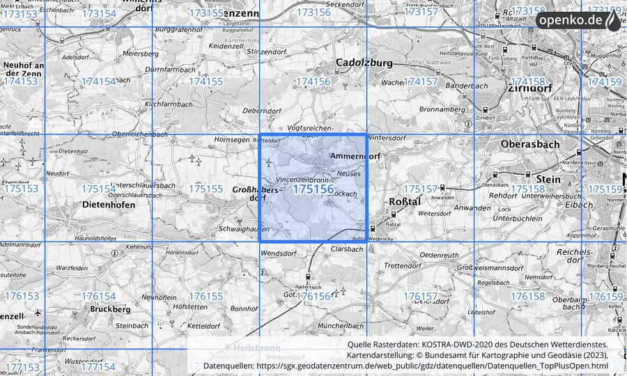 Übersichtskarte des KOSTRA-DWD-2020-Rasterfeldes Nr. 175156