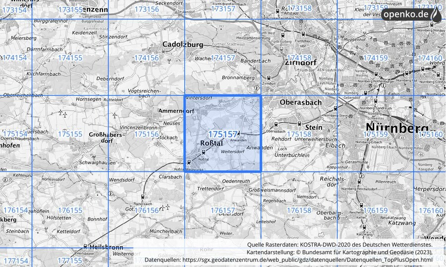 Übersichtskarte des KOSTRA-DWD-2020-Rasterfeldes Nr. 175157