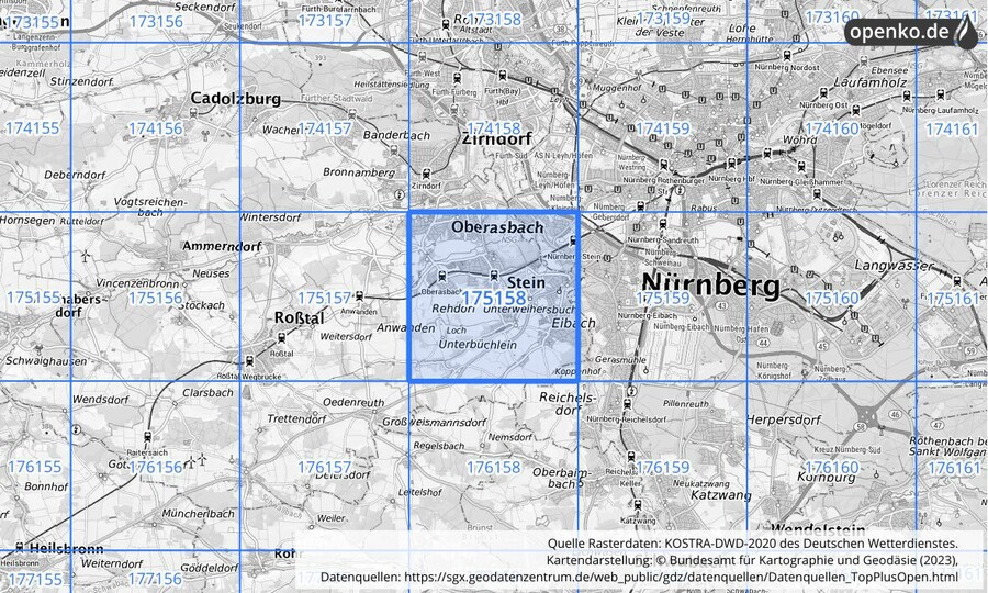 Übersichtskarte des KOSTRA-DWD-2020-Rasterfeldes Nr. 175158