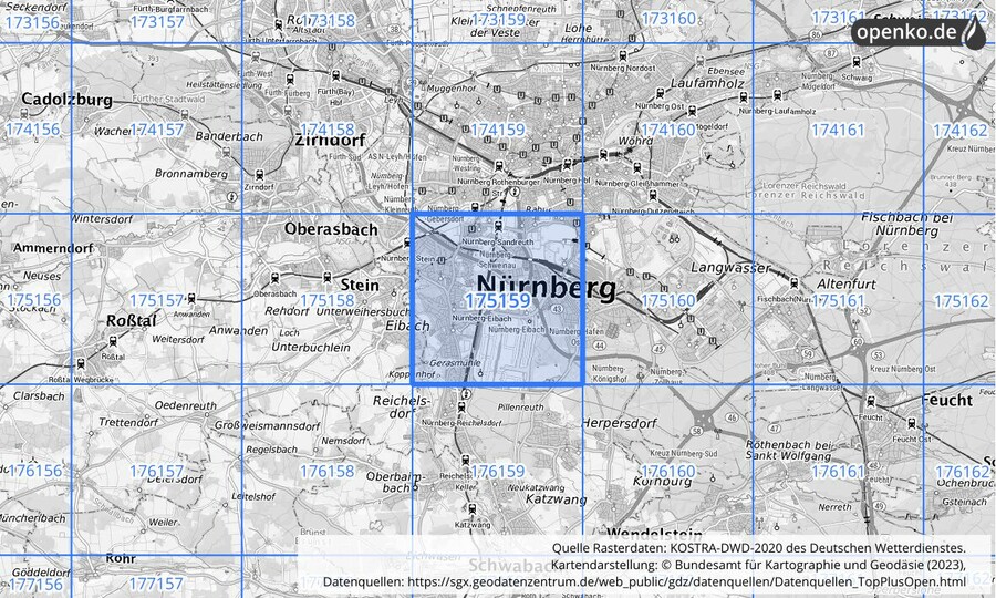 Übersichtskarte des KOSTRA-DWD-2020-Rasterfeldes Nr. 175159