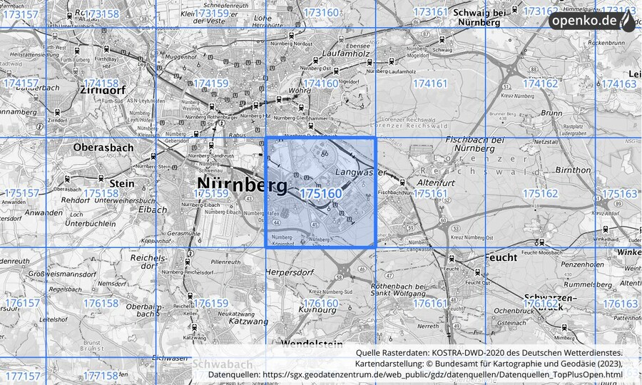 Übersichtskarte des KOSTRA-DWD-2020-Rasterfeldes Nr. 175160
