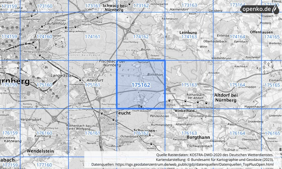 Übersichtskarte des KOSTRA-DWD-2020-Rasterfeldes Nr. 175162