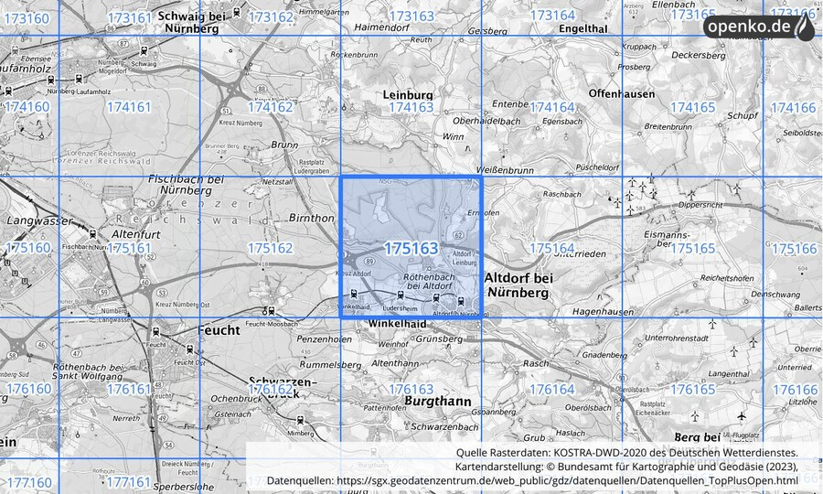 Übersichtskarte des KOSTRA-DWD-2020-Rasterfeldes Nr. 175163