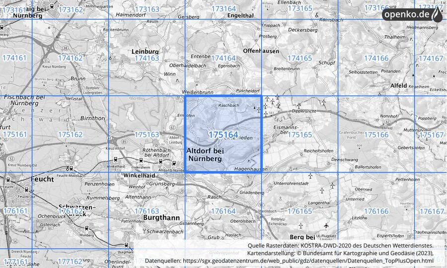Übersichtskarte des KOSTRA-DWD-2020-Rasterfeldes Nr. 175164