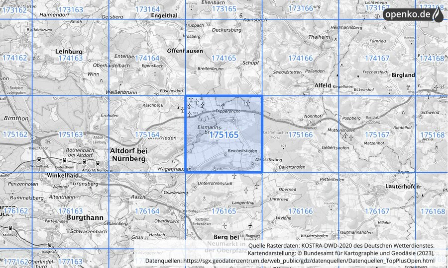 Übersichtskarte des KOSTRA-DWD-2020-Rasterfeldes Nr. 175165