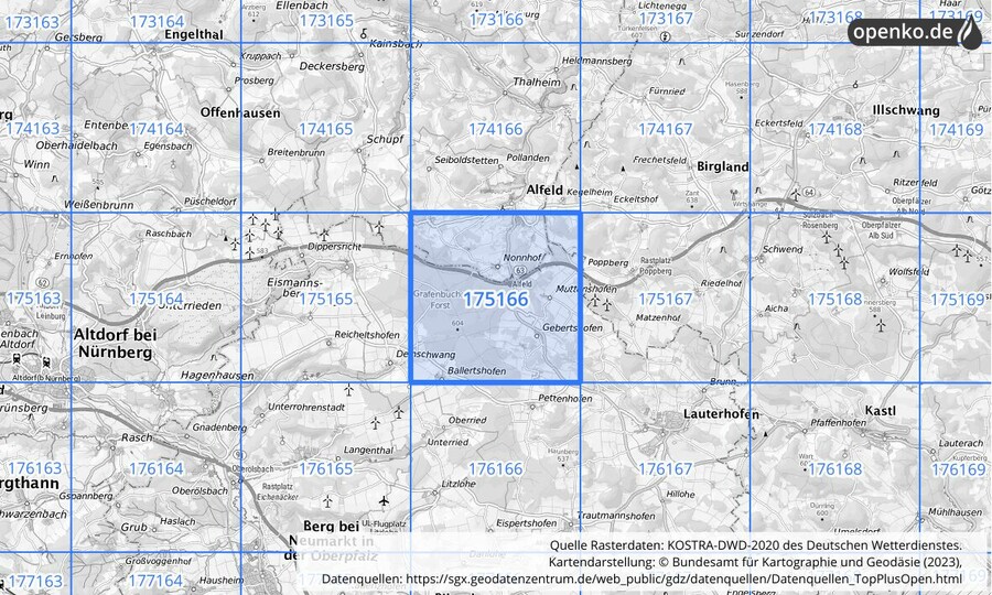 Übersichtskarte des KOSTRA-DWD-2020-Rasterfeldes Nr. 175166