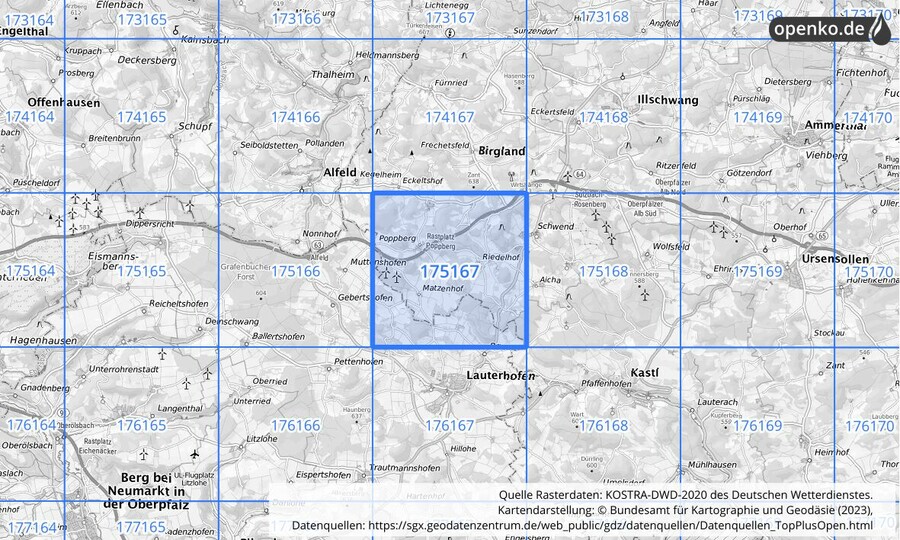 Übersichtskarte des KOSTRA-DWD-2020-Rasterfeldes Nr. 175167