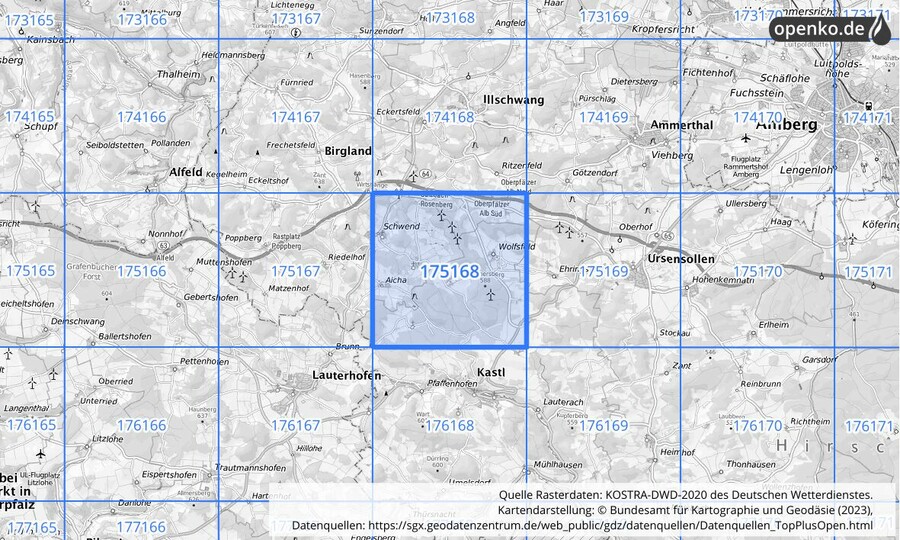 Übersichtskarte des KOSTRA-DWD-2020-Rasterfeldes Nr. 175168
